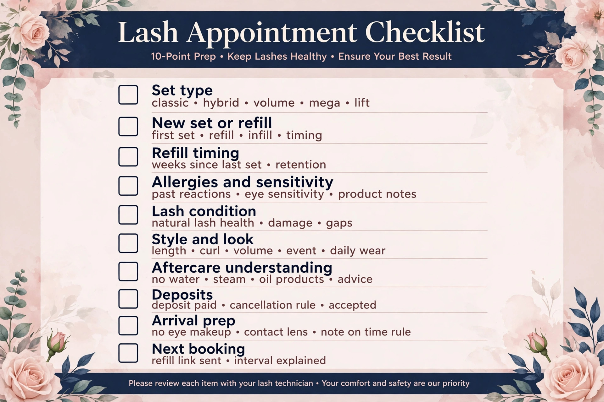checklist visual for lash appointment items.