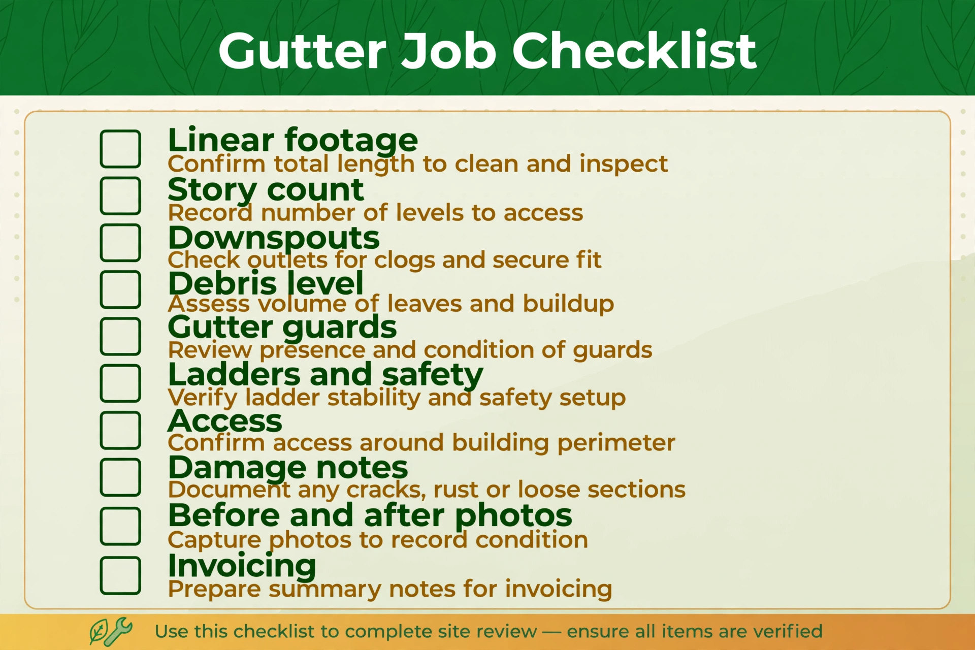 checklist visual for gutter job items.