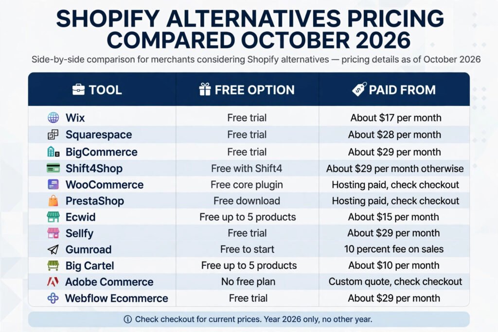 Shopify alternatives pricing compared in October 2026