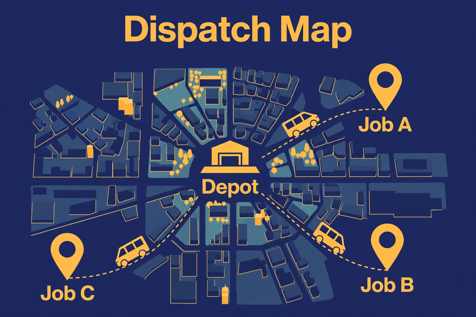 map visual showing electrician vans on a dispatch board.
