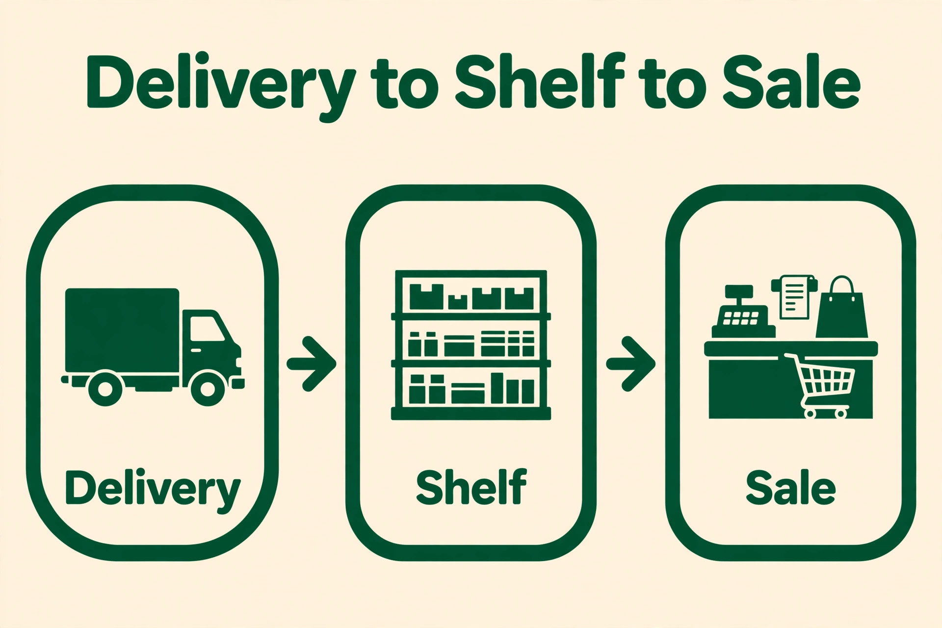 workflow visual showing the delivery to shelf to sale stock steps.