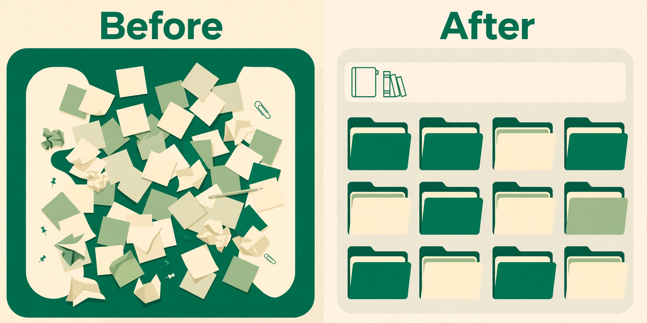 Before and after visual of scattered notes becoming an organised Evernote library.