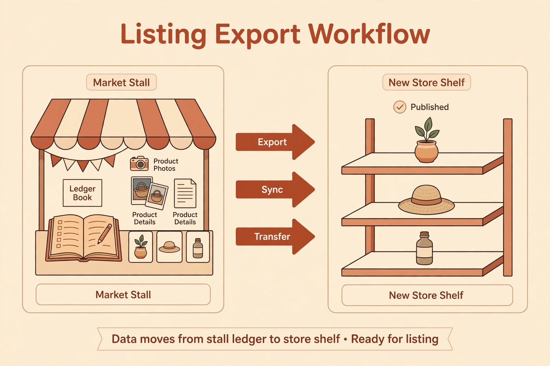Product details moving from a market ledger to a new store shelf.
