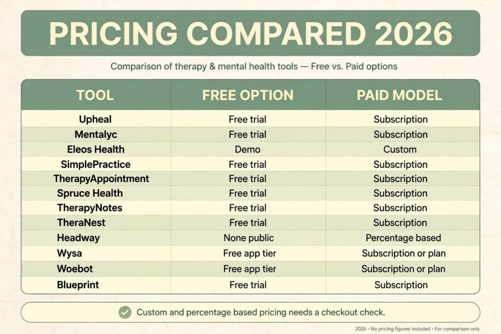 Best AI tools for therapists pricing compared, free tiers and paid models for 2026
