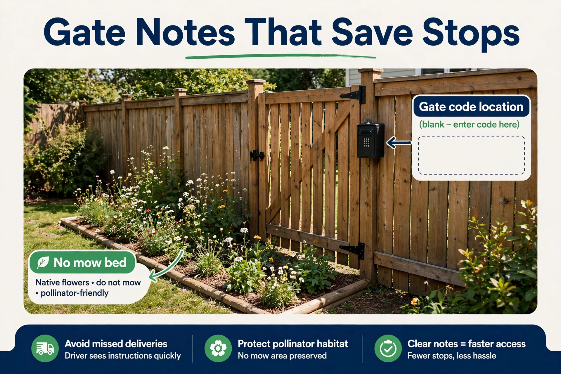 An annotated yard gate for lawn crew access notes.