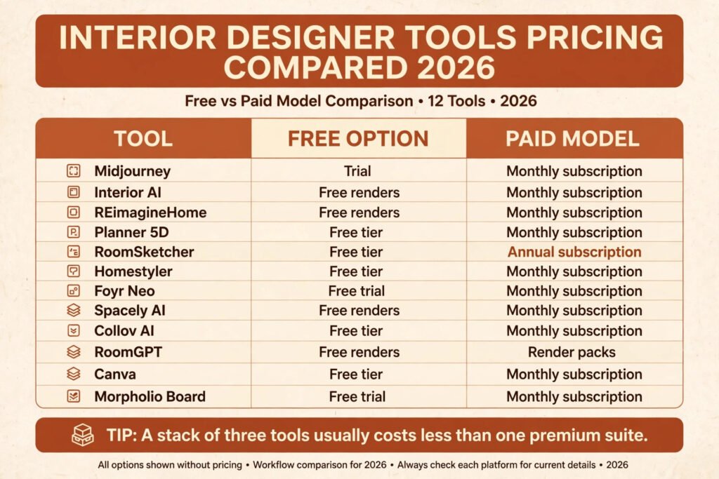Interior designer tools pricing compared, free tiers and paid models for 2026
