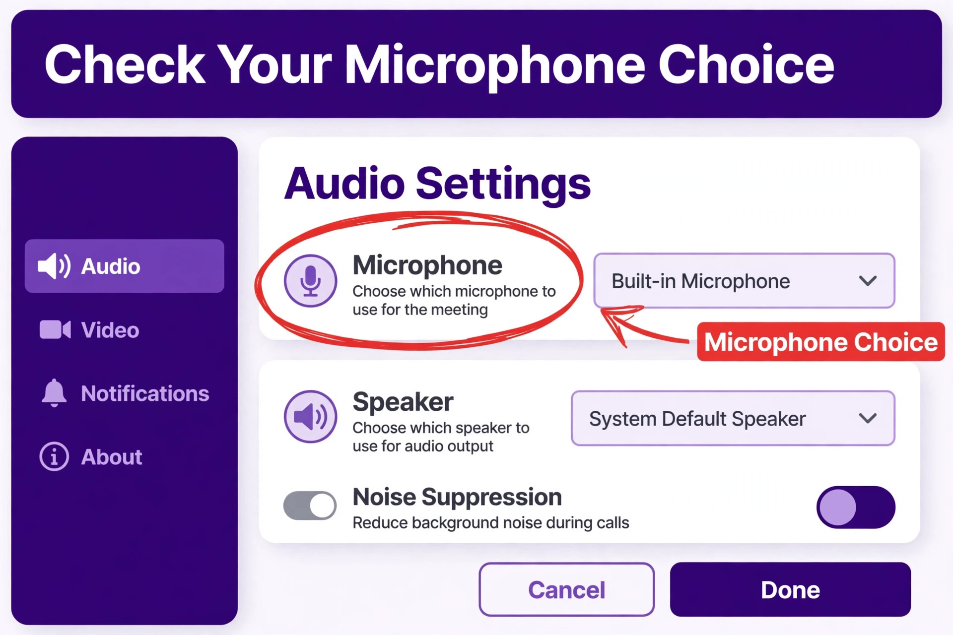 An annotated example of Zoom audio settings.