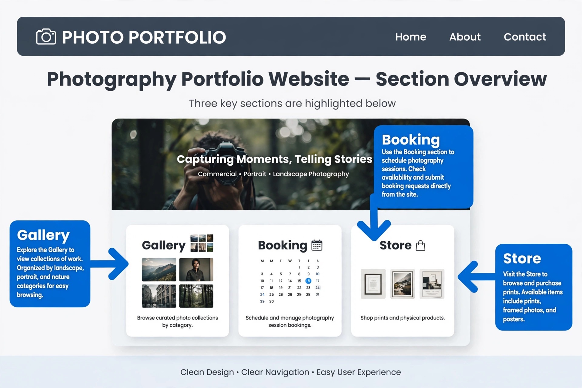 annotated photography portfolio page mockup