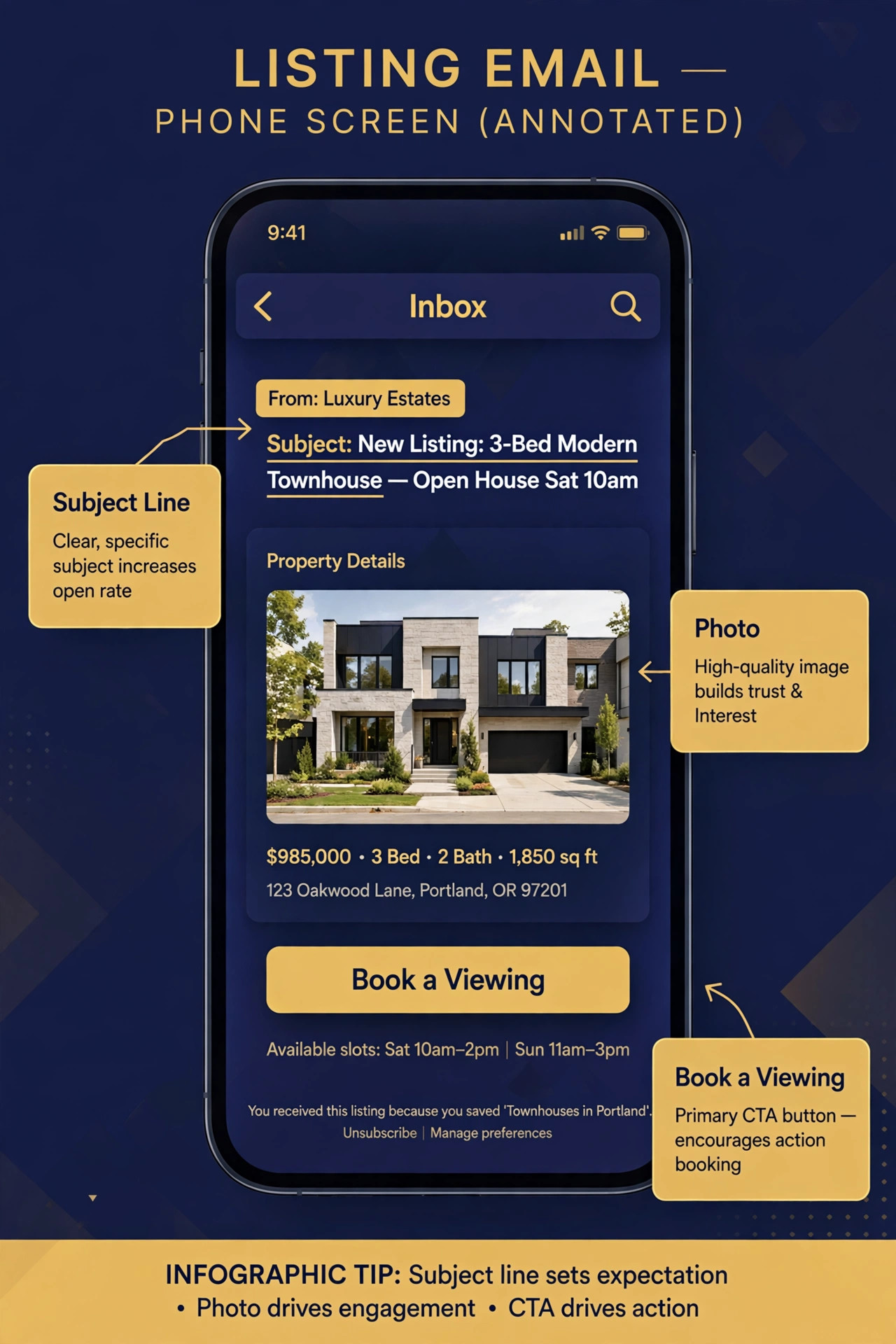 Listing email mockup with viewing button marked