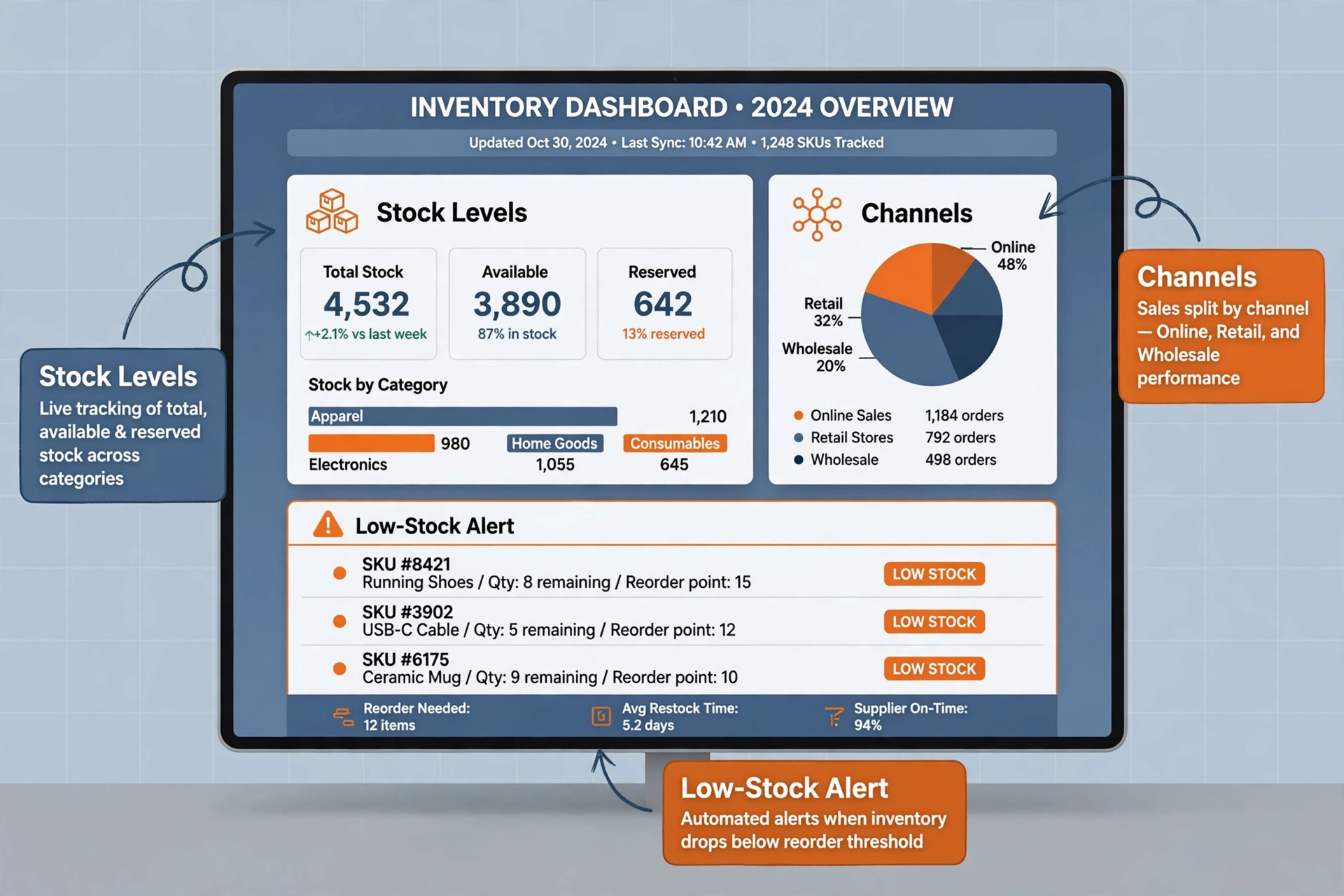 Inventory dashboard mockup with alerts marked