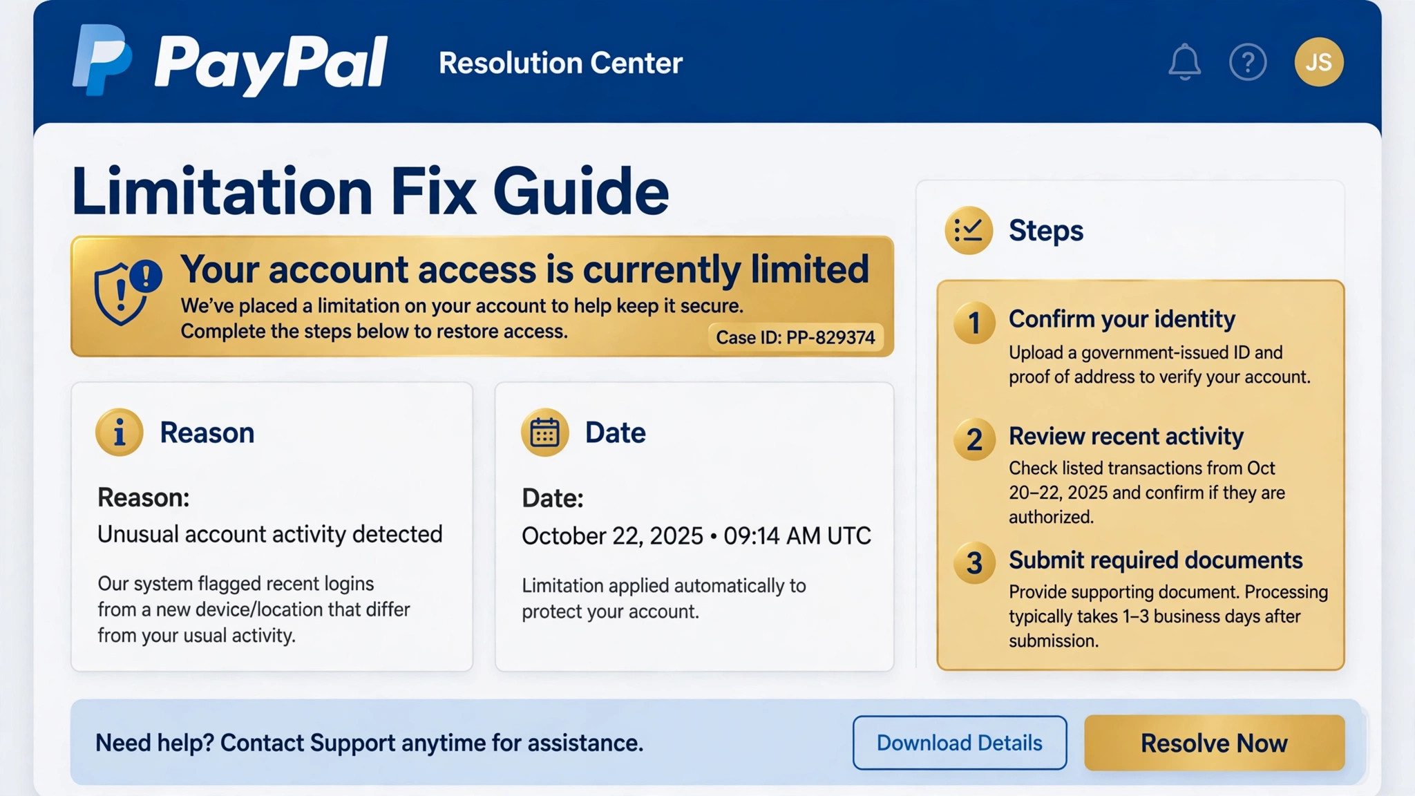 Screenshot concept. A close up of a Resolution Center entry with reason, date, and steps highlighted