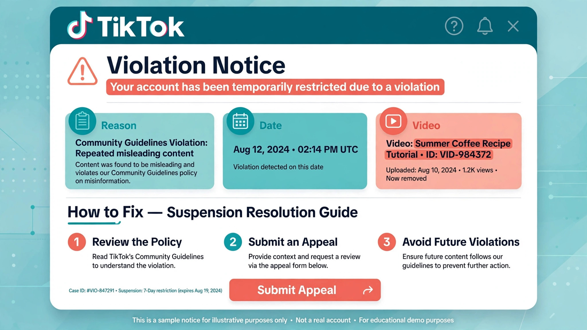 Screenshot concept. A close up of a violation notice with the reason, date, and named video highlighted