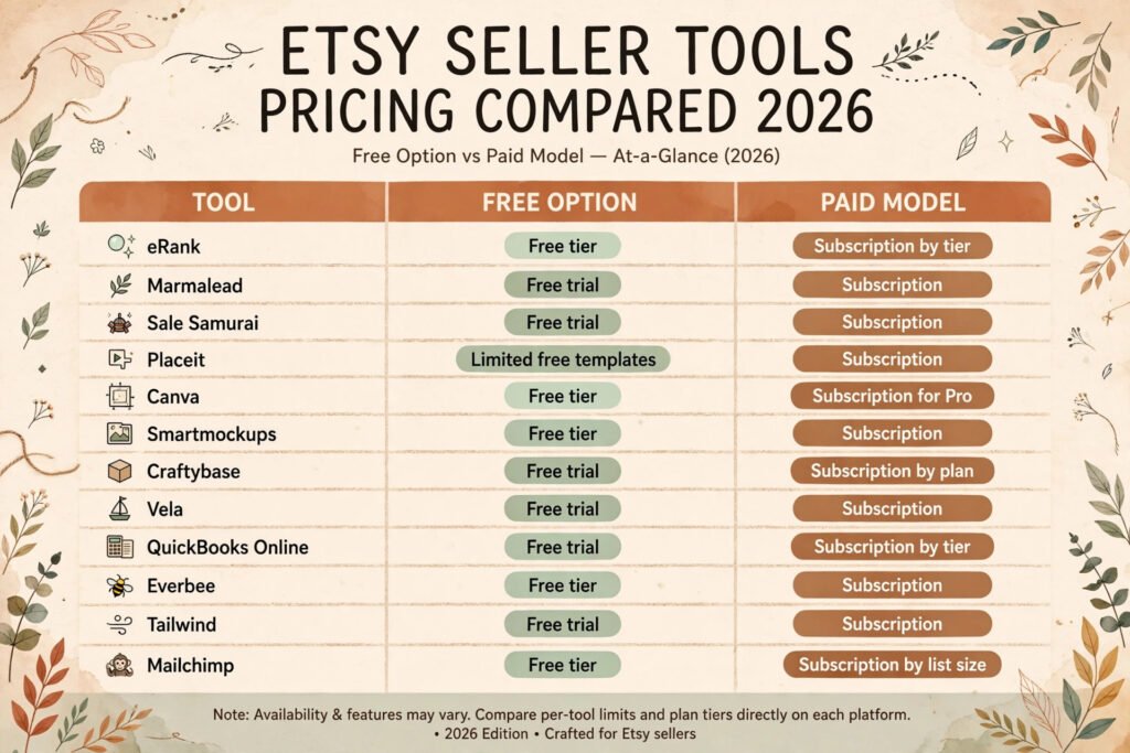 Etsy seller tools pricing compared, free tiers, trials and paid models for 2026