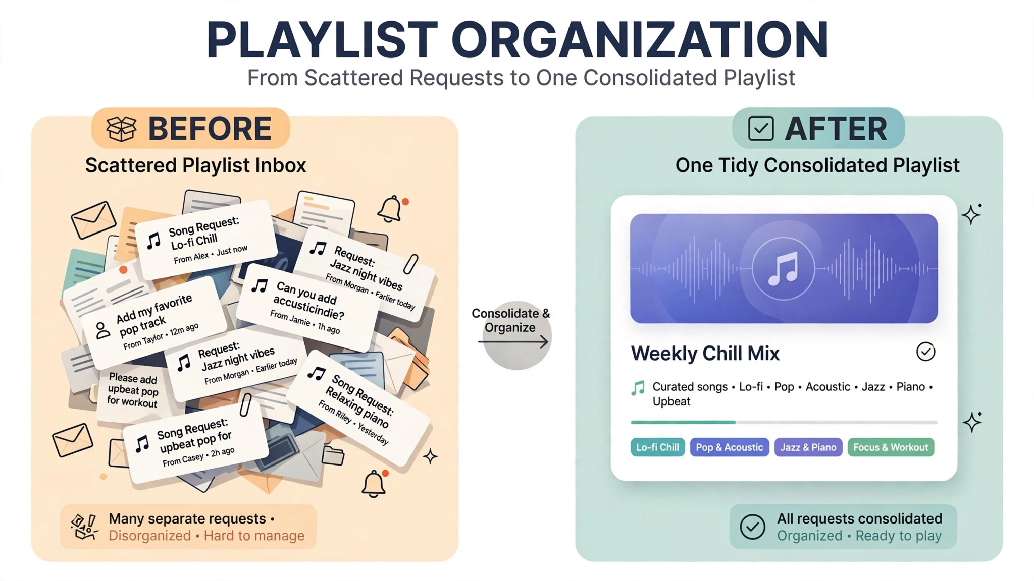 Before/after concept. A scattered playlist inbox before intake beside a tidy consolidated playlist after intake
