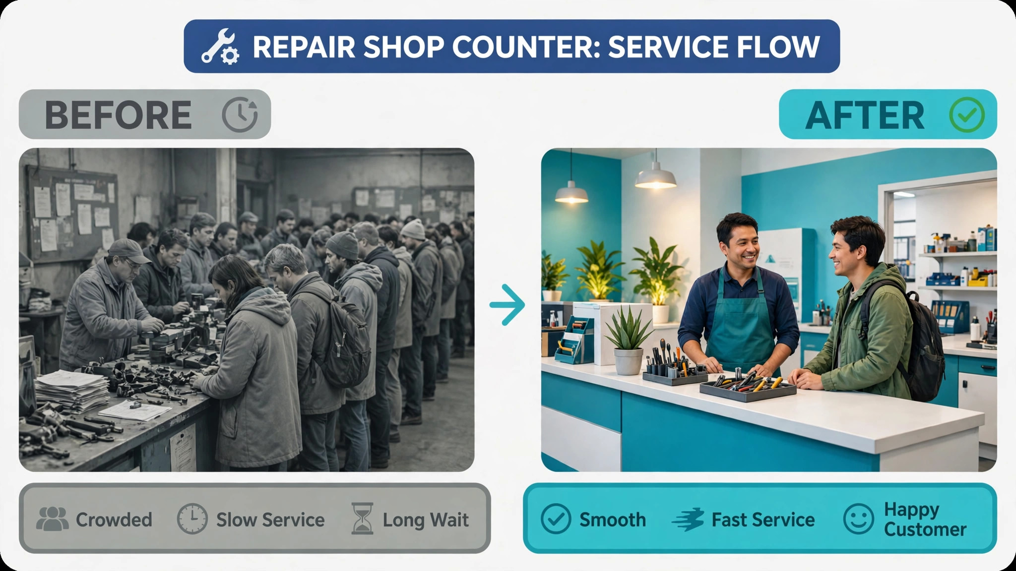 Before/after concept. A counter queue before automation beside a calm counter after automation