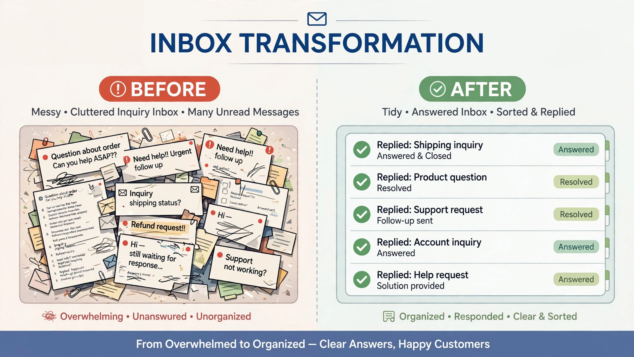 Before/after concept. A messy inquiry inbox before automation beside a tidy answered inbox after automation