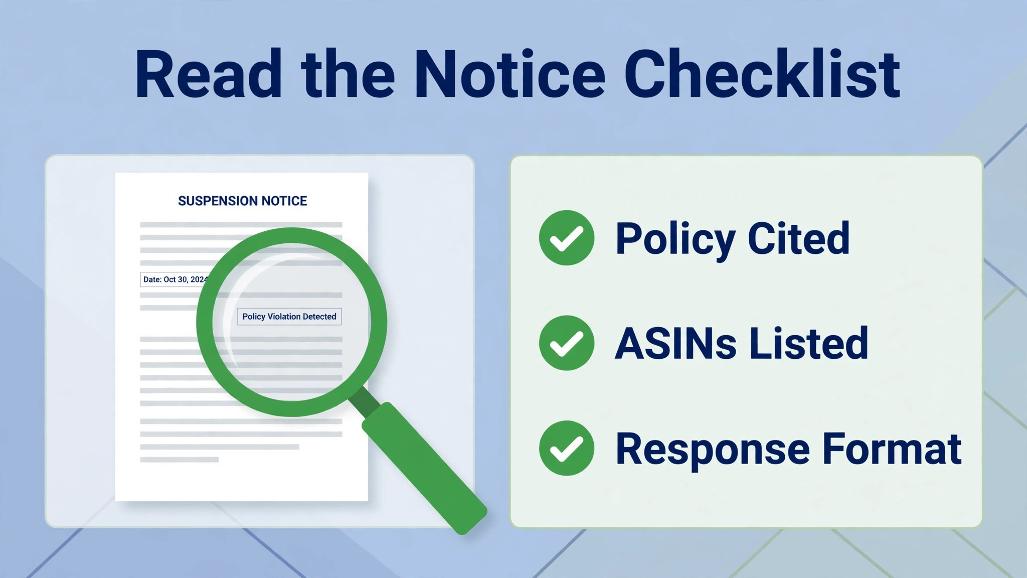 Checklist concept. A notice reading checklist with policy, ASINs and response format ticked off