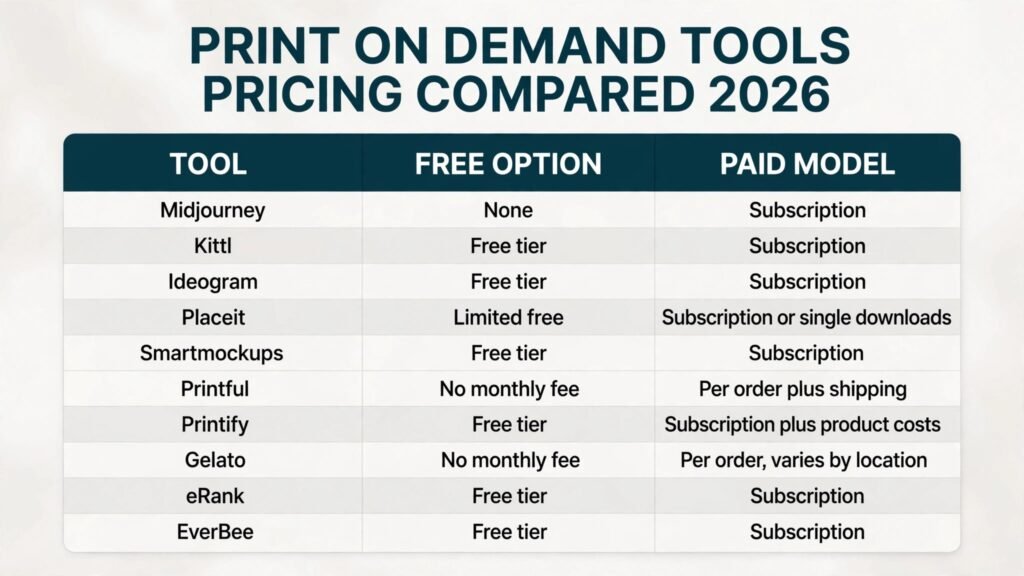 Print on demand tools pricing compared, free tiers and paid models for 2026