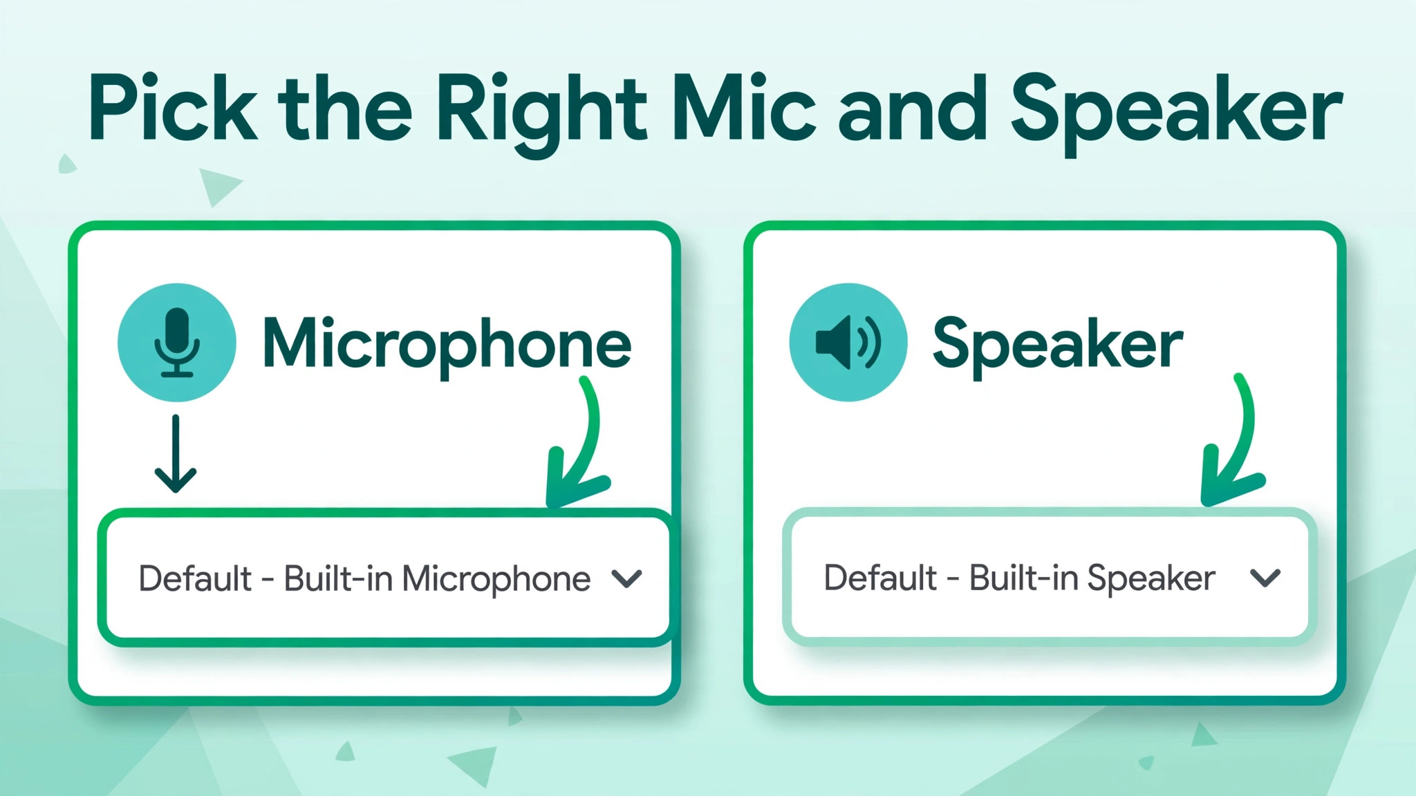 Screenshot concept. A Meet audio settings screen with microphone and speaker menus highlighted