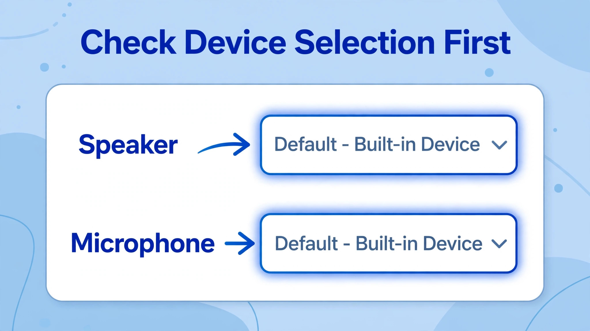 Screenshot concept. A Teams device settings screen with speaker and microphone menus highlighted