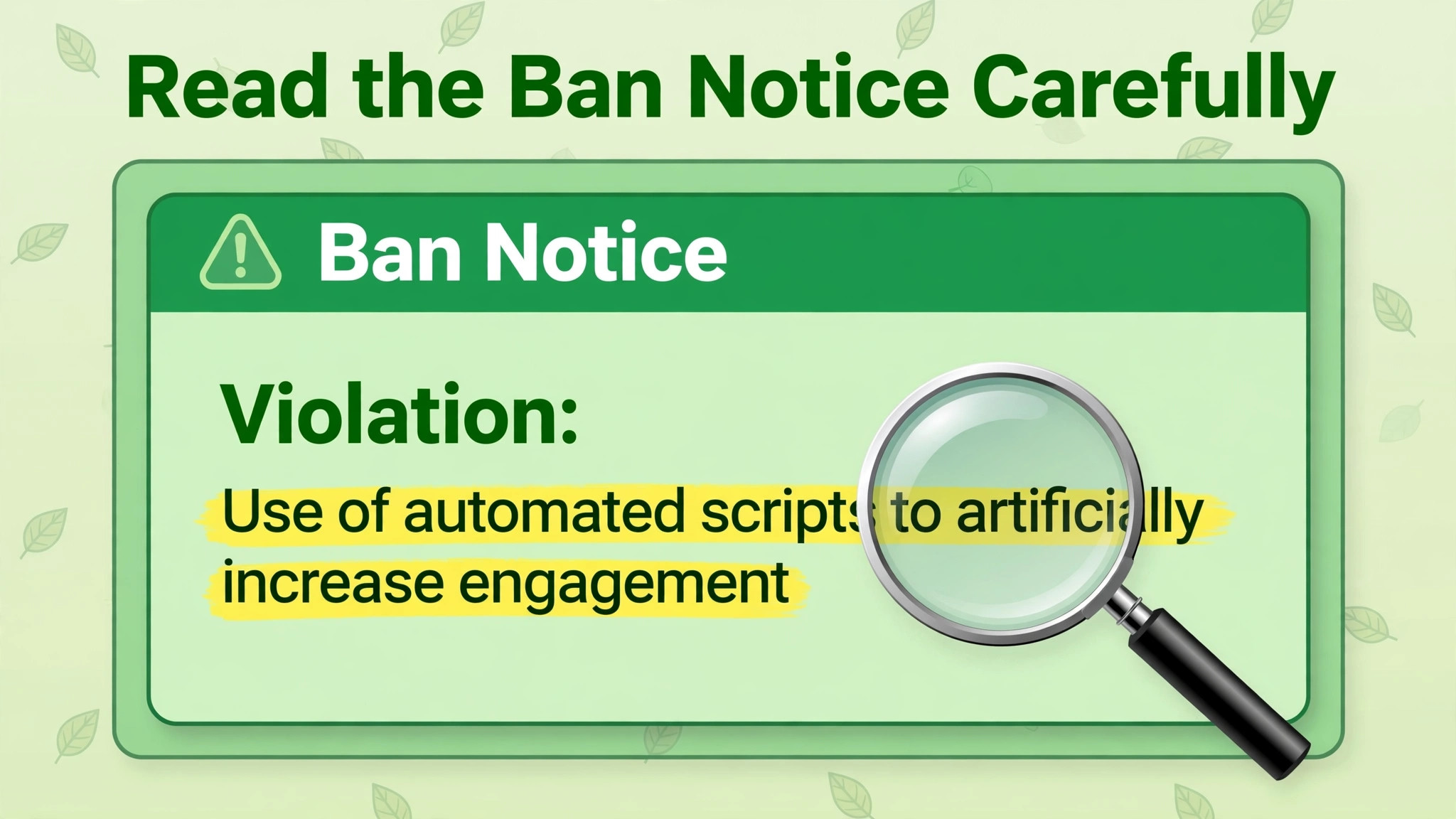 Screenshot concept. A ban notice screen with violation wording highlighted