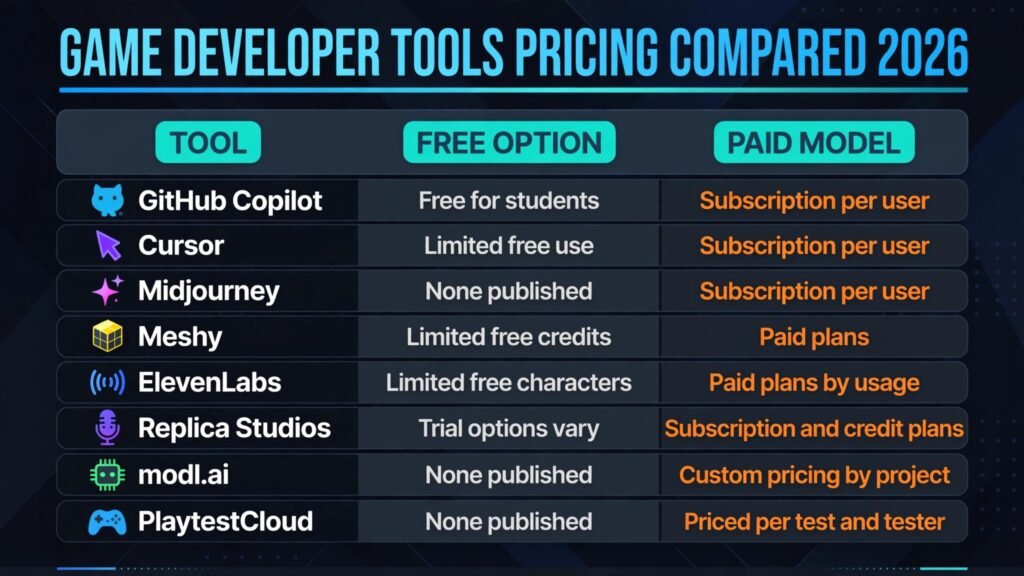 Game developer tools pricing compared, free tiers and paid plans for 2026