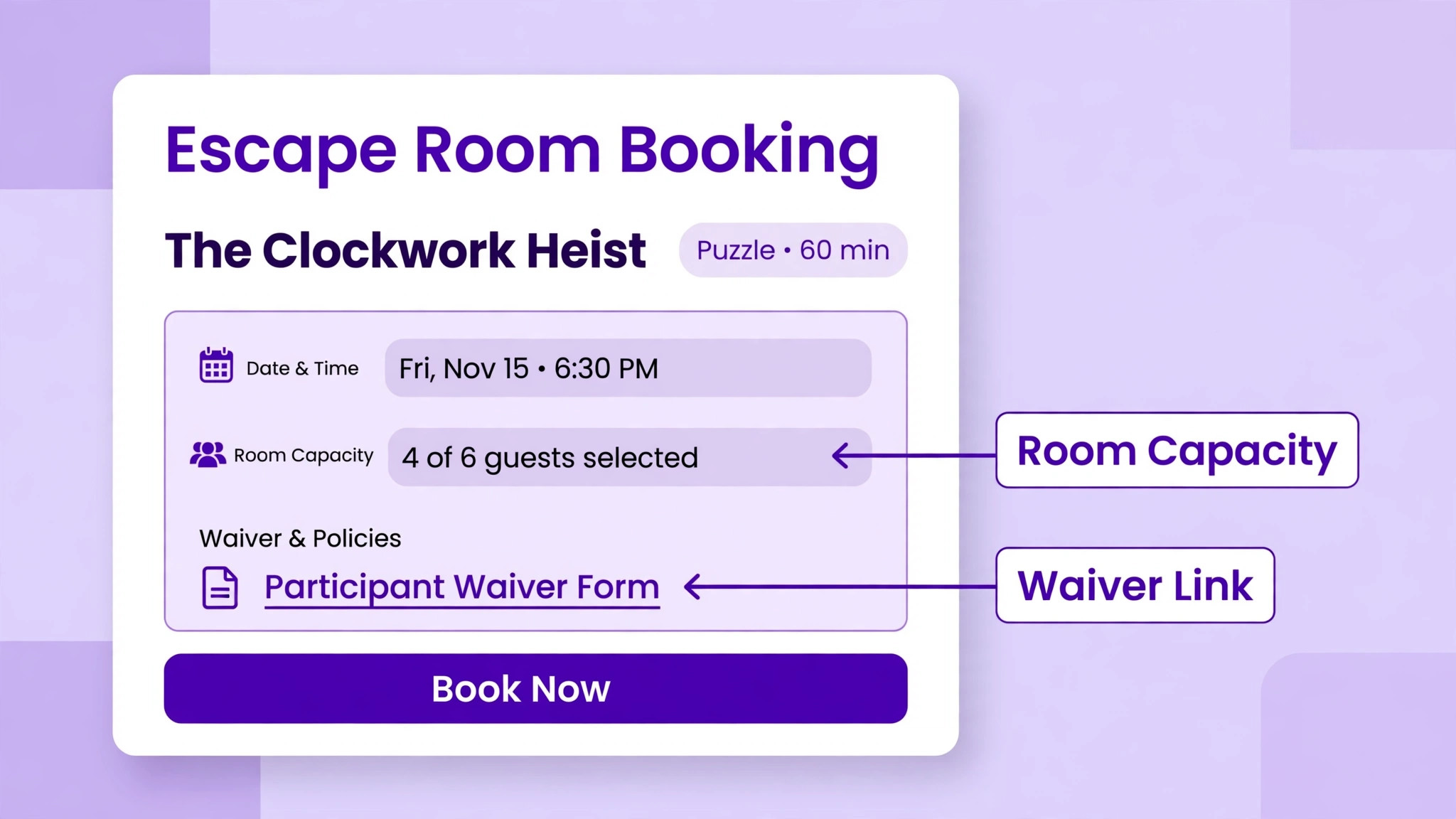 Escape room booking page mockup with capacity marked