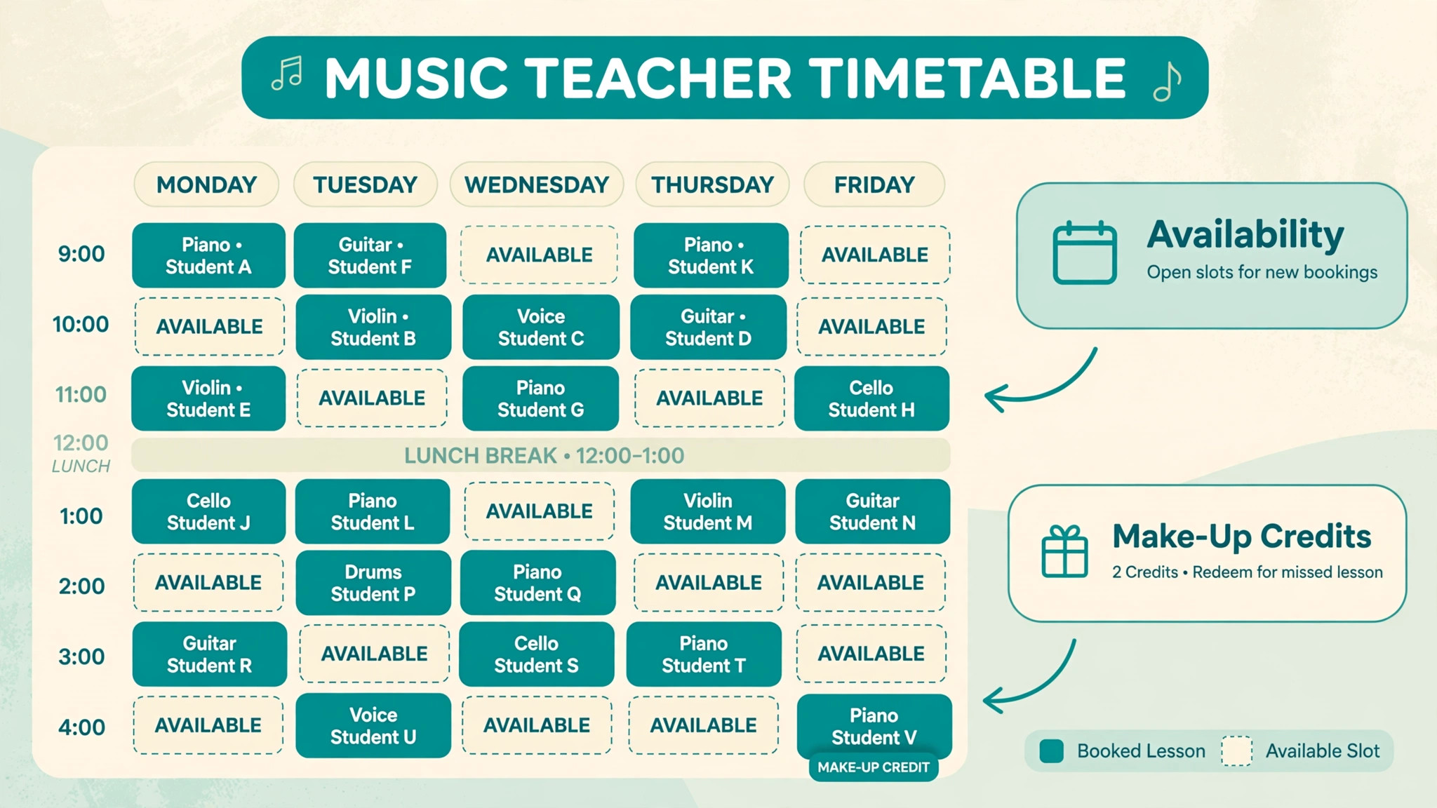 Annotated mockup of a music teacher timetable