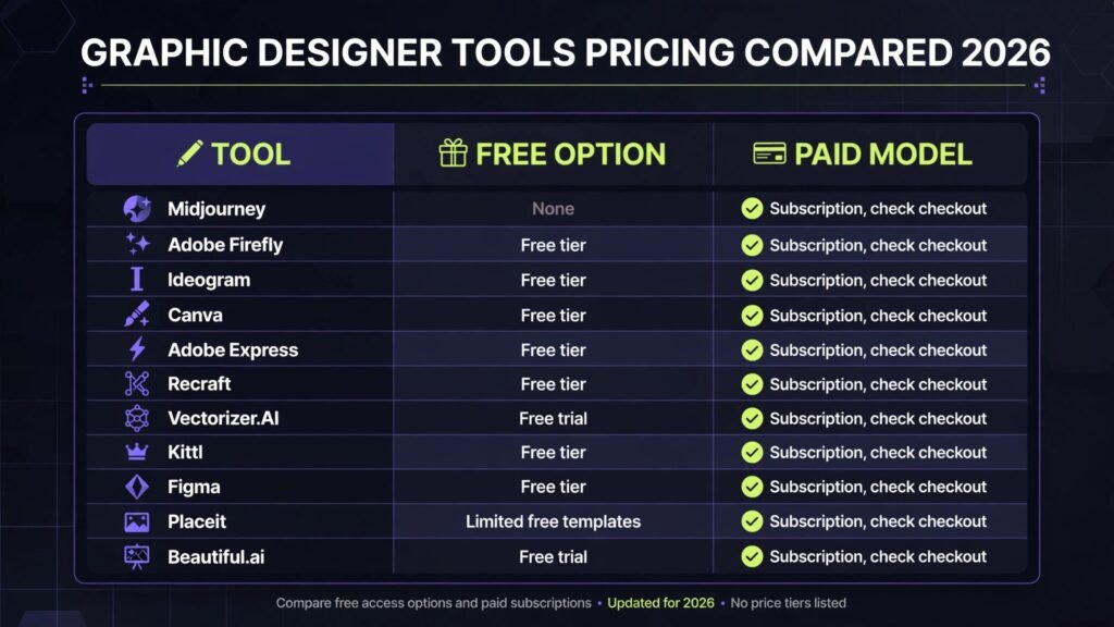 Graphic designer tools pricing compared, free tiers and paid models for 2026