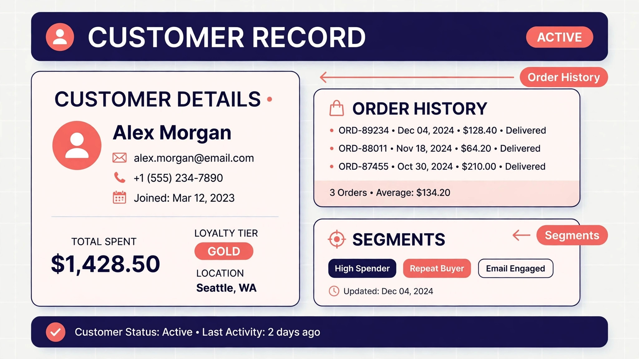 Ecommerce customer record mockup with segments marked