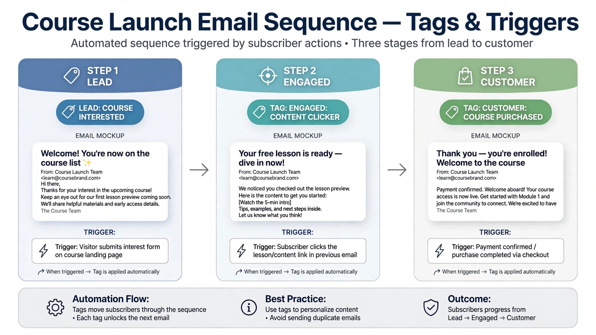 Annotated mockup of a course launch email sequence