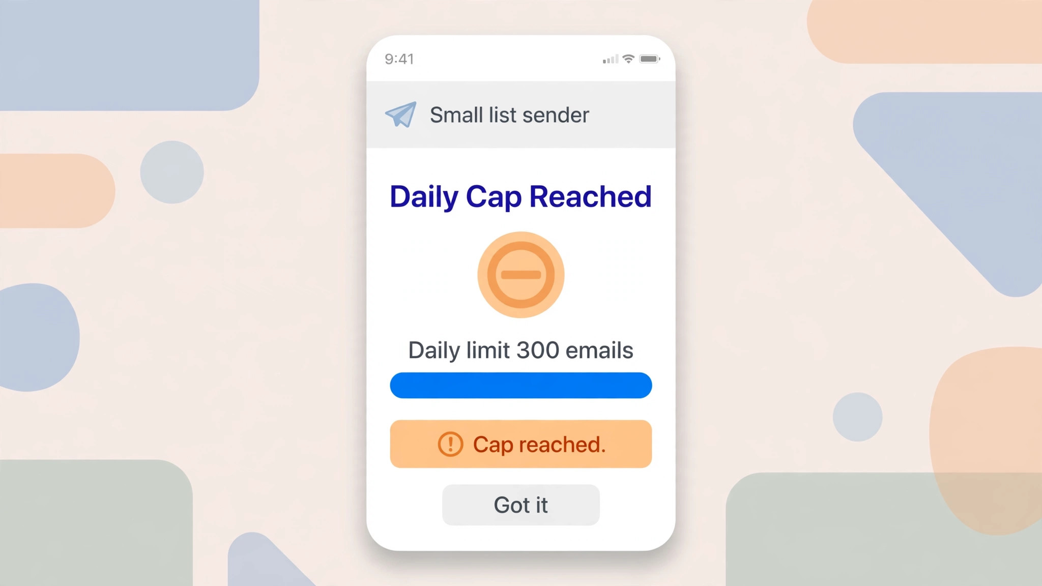 Mockup of a small list sender hitting a daily send cap on a phone screen
