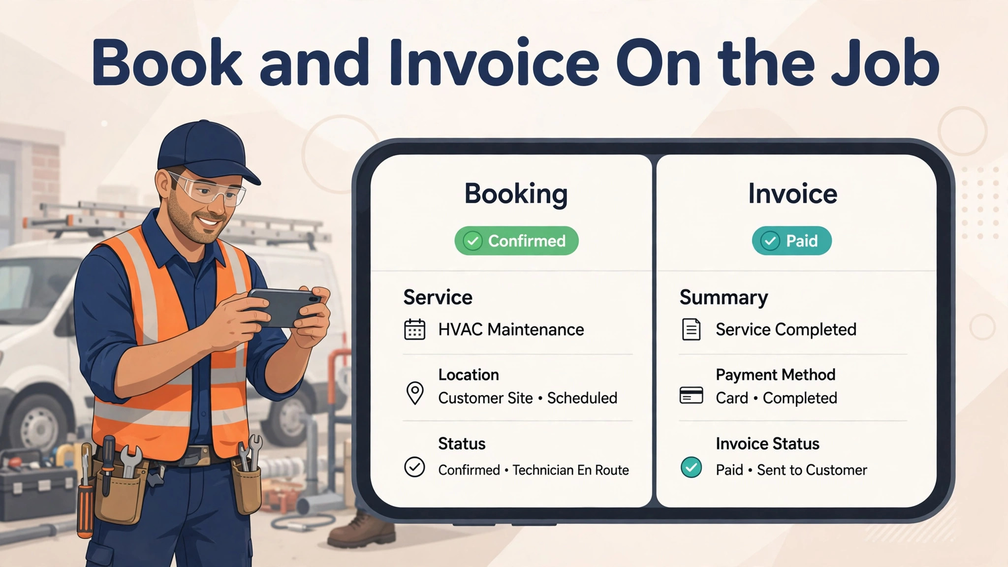 Mockup of a solo technician booking and invoicing from a phone on the job
