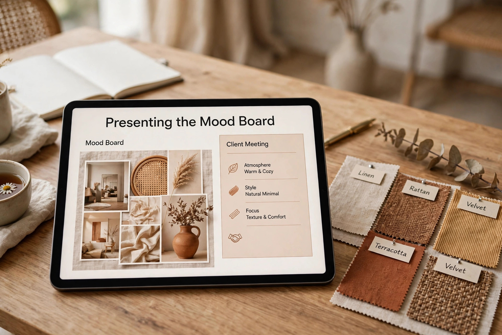 Mockup of a mood board on a tablet during a client meeting