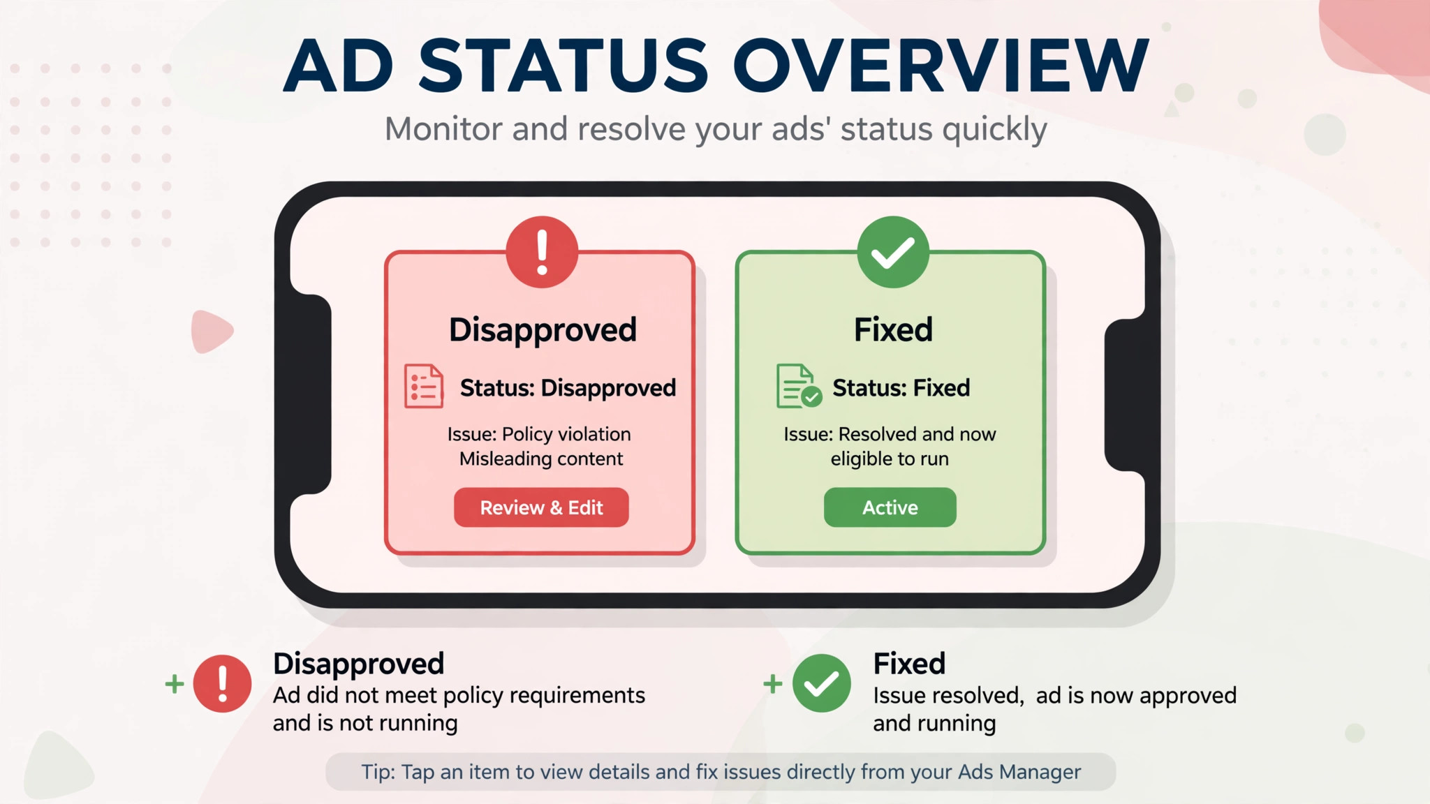 phone screen showing a disapproved ad status beside a fixed ad status