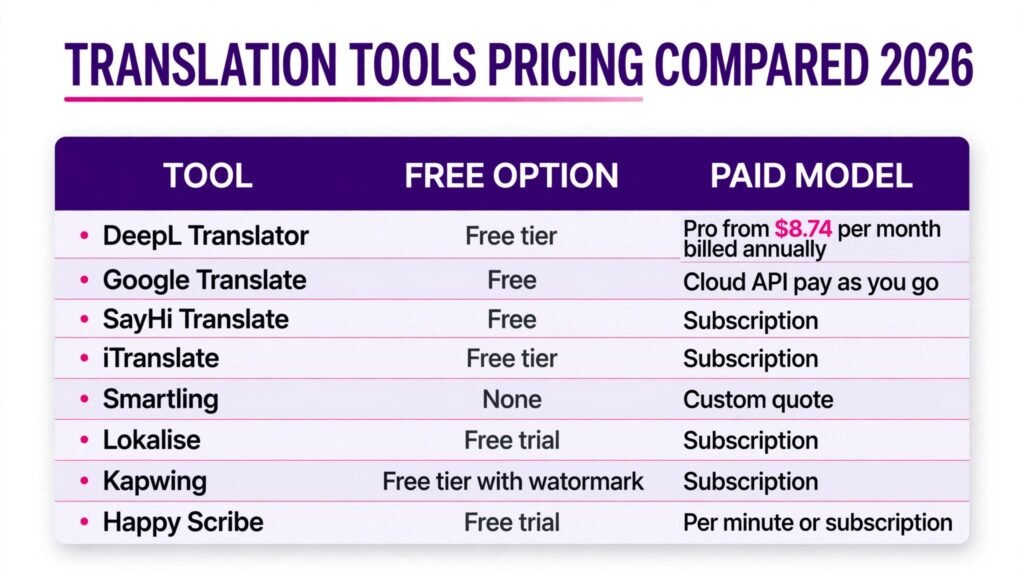 Translation tools pricing compared, free options and paid models for 2026