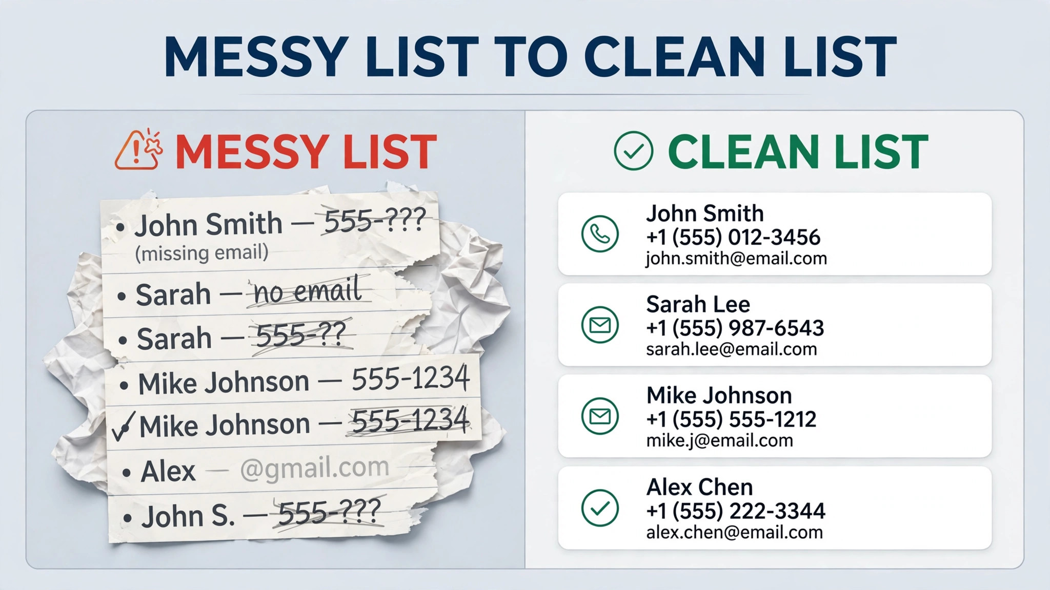 Messy contact list beside a cleaned contact list