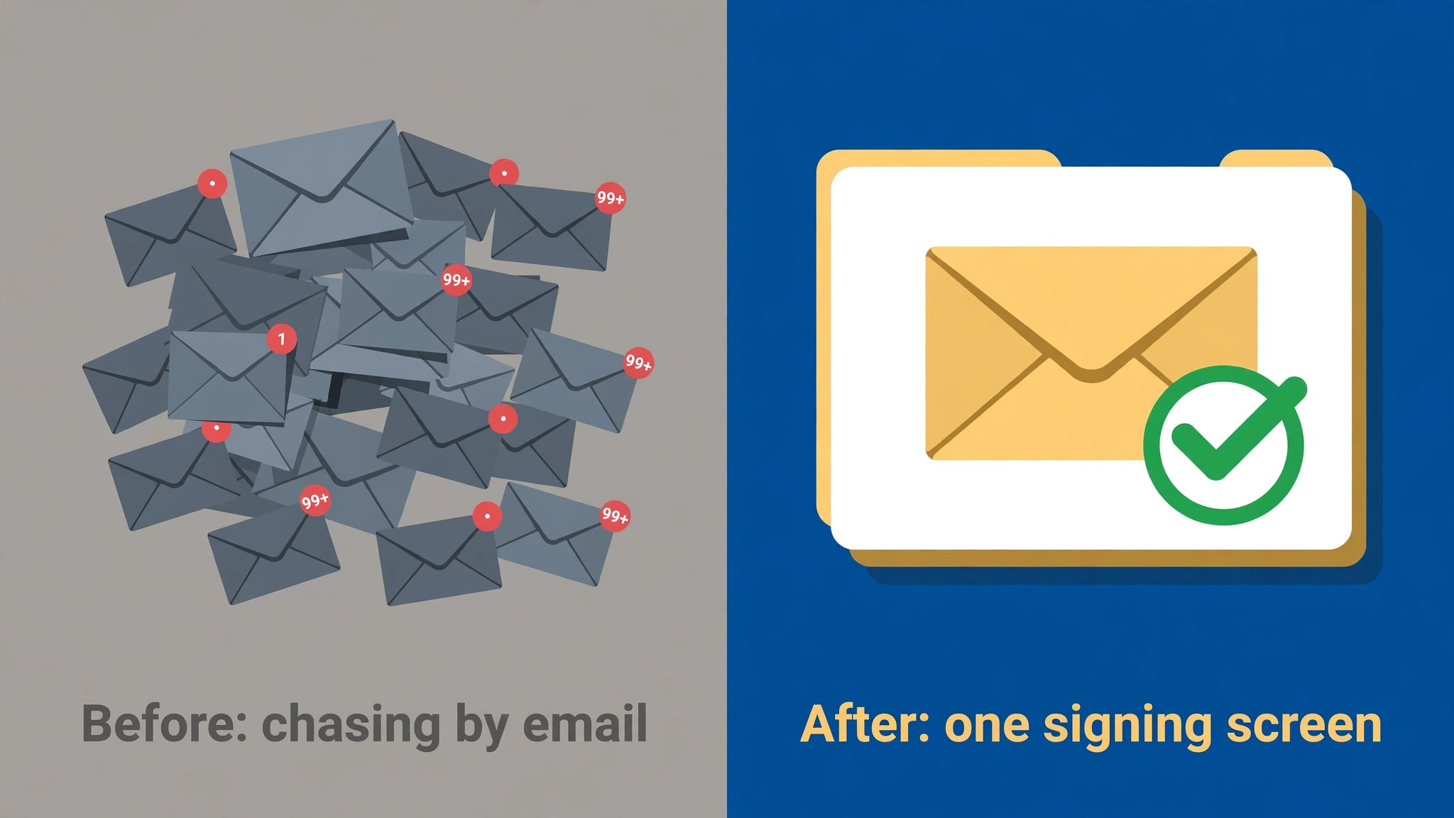 A before/after view of email chasing against a DocuSign signing screen for small business budgeting
