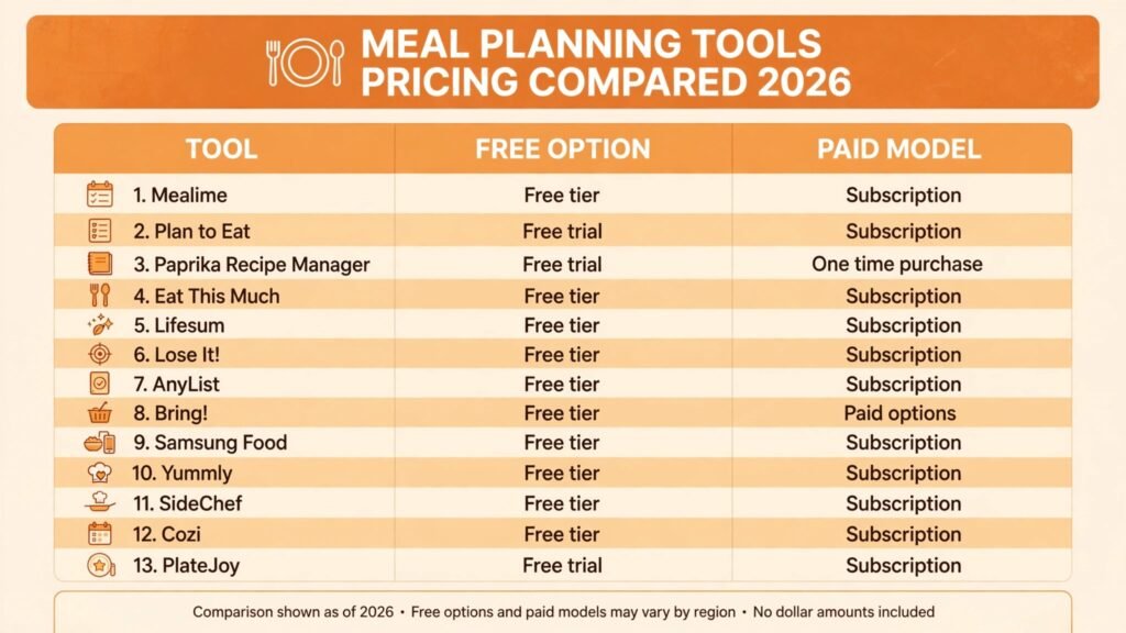 Meal planning tools pricing compared, free tiers and paid models for 2026