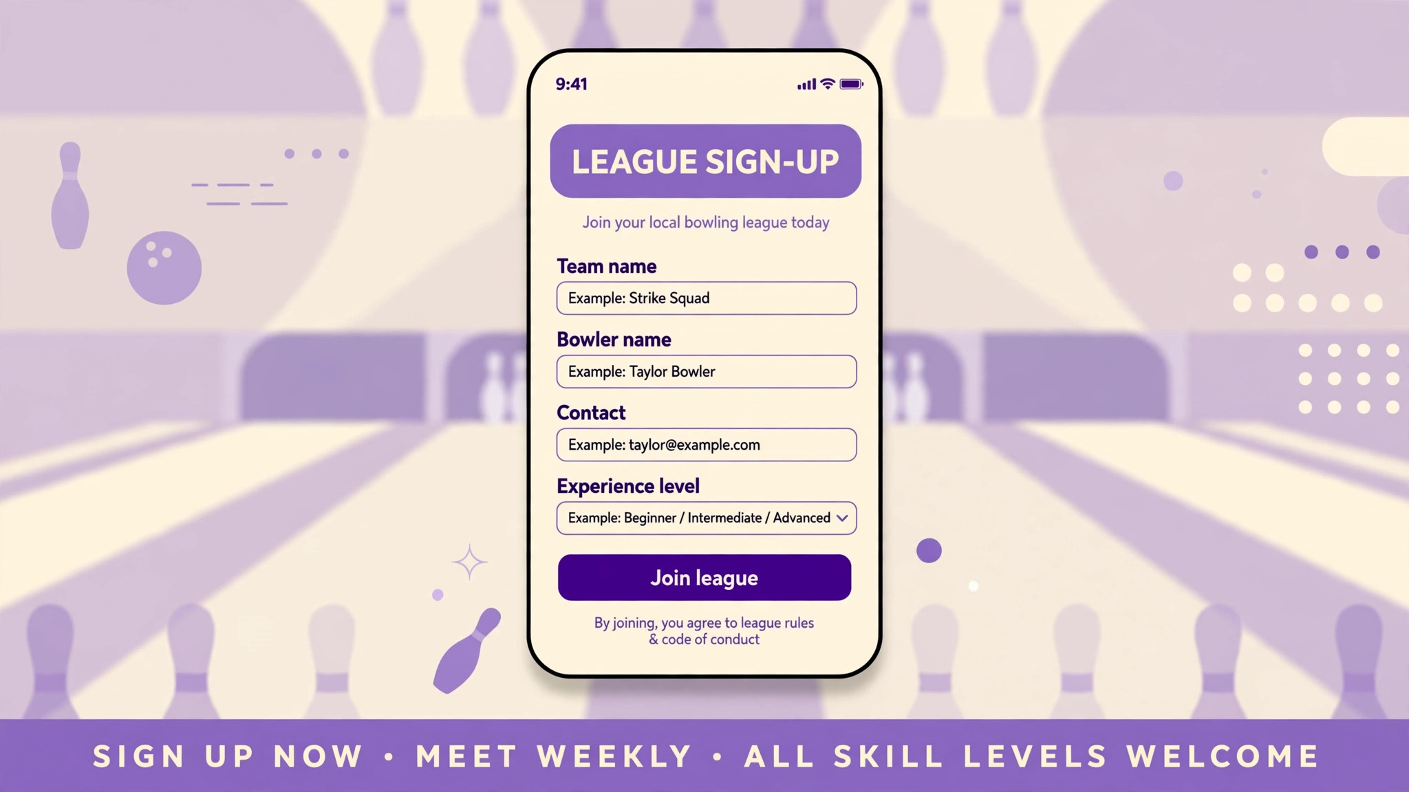 Phone mockup of league sign up form