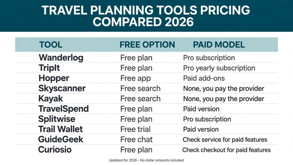 Travel planning tools pricing compared, free options and paid models for 2026