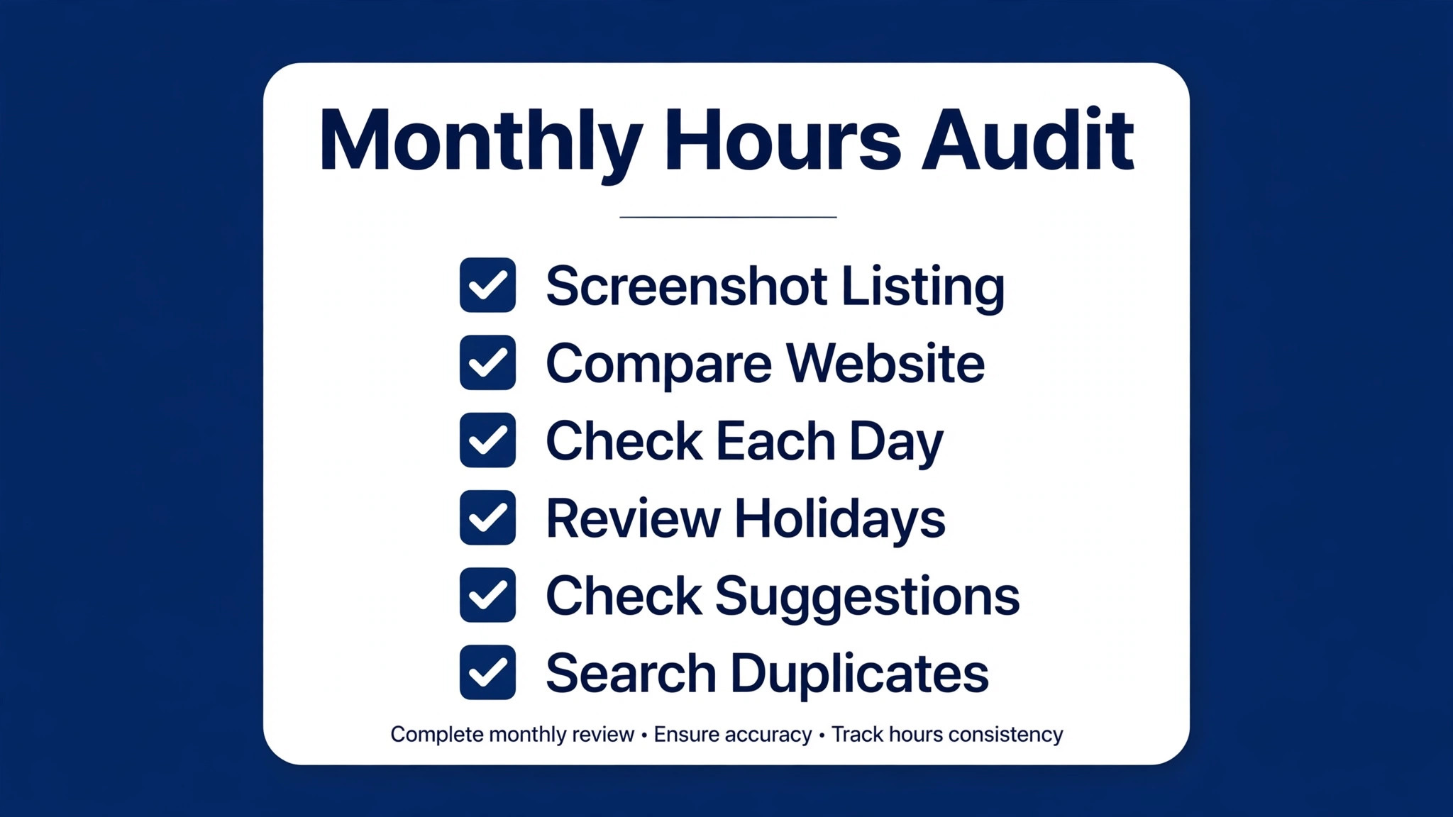 Checklist graphic for a monthly business hours audit.