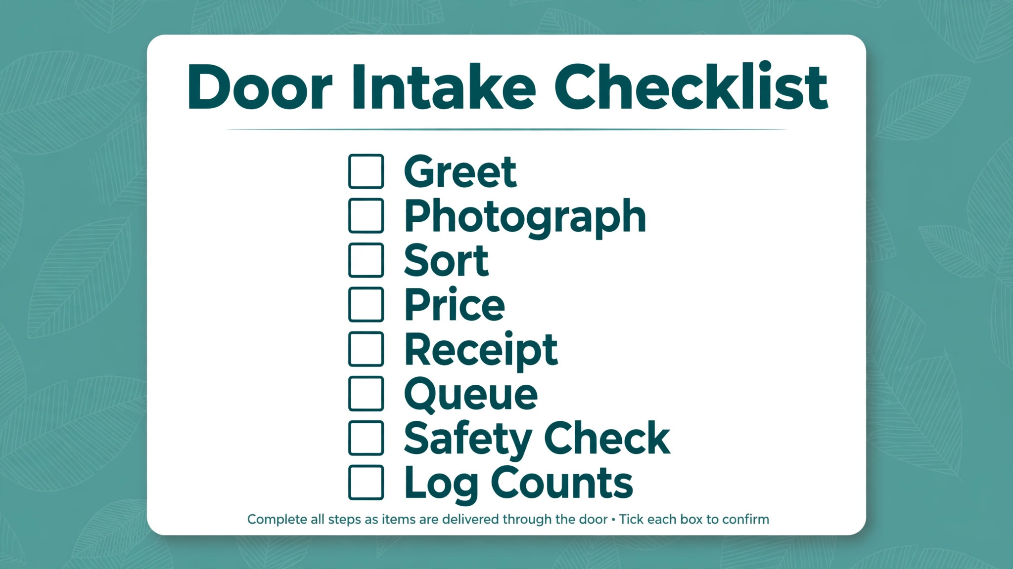 Checklist graphic for thrift donation door intake.