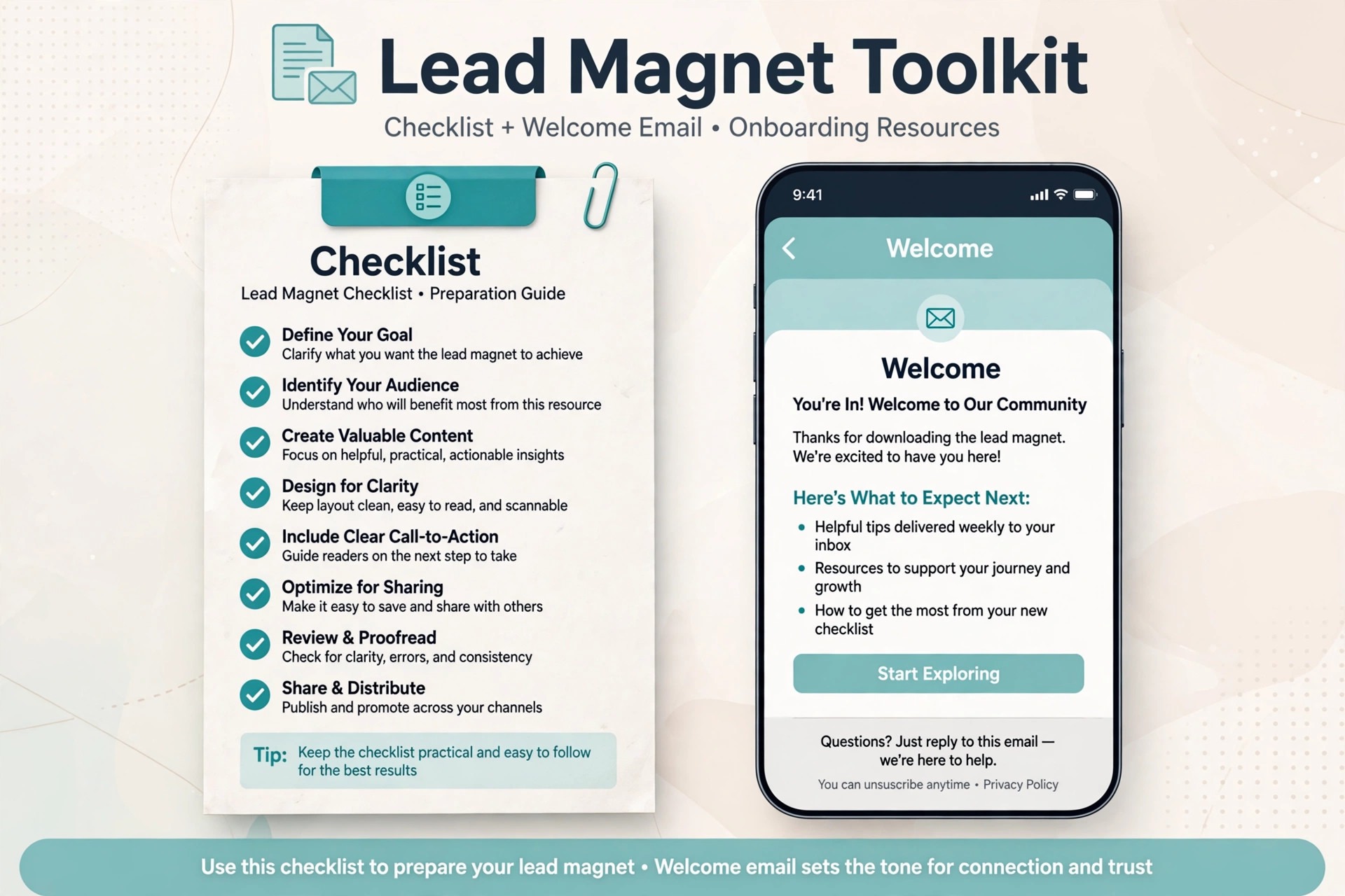 mockup of a lead magnet checklist and welcome email on a phone