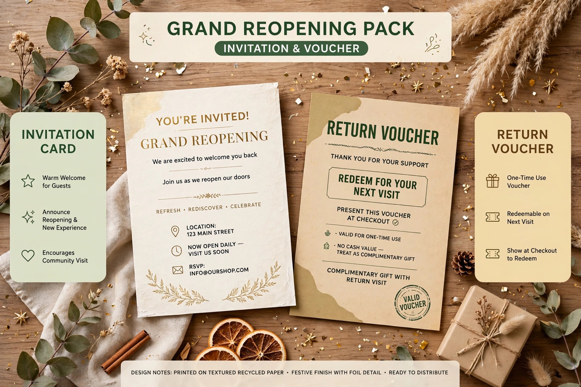 mockup of a printed reopening invitation and return voucher
