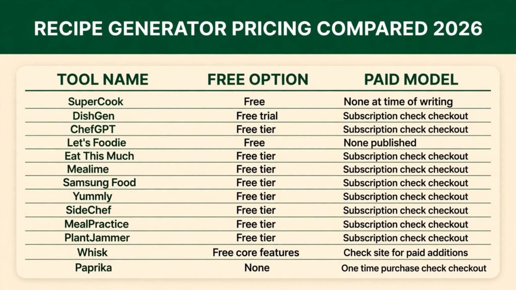 Recipe generator pricing compared, free options and paid models for 2026