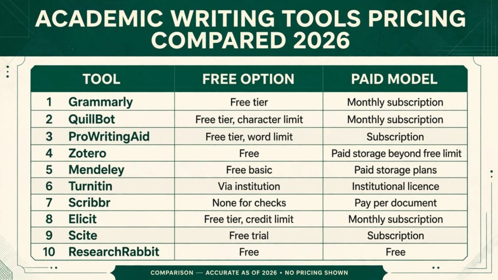 Academic writing tools pricing compared, free tiers and paid models for 2026
