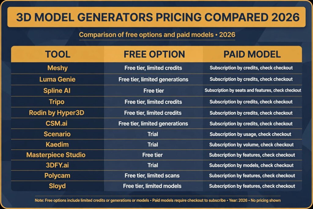 3D model generators pricing compared, free tiers and paid models for 2026