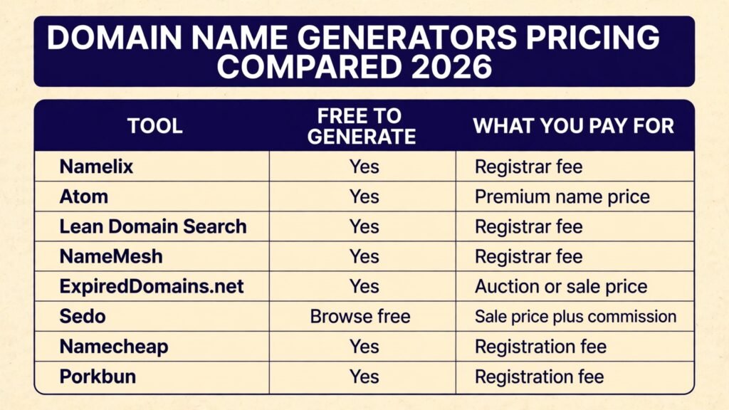 Domain name generators pricing compared, free generation and paid models for 2026