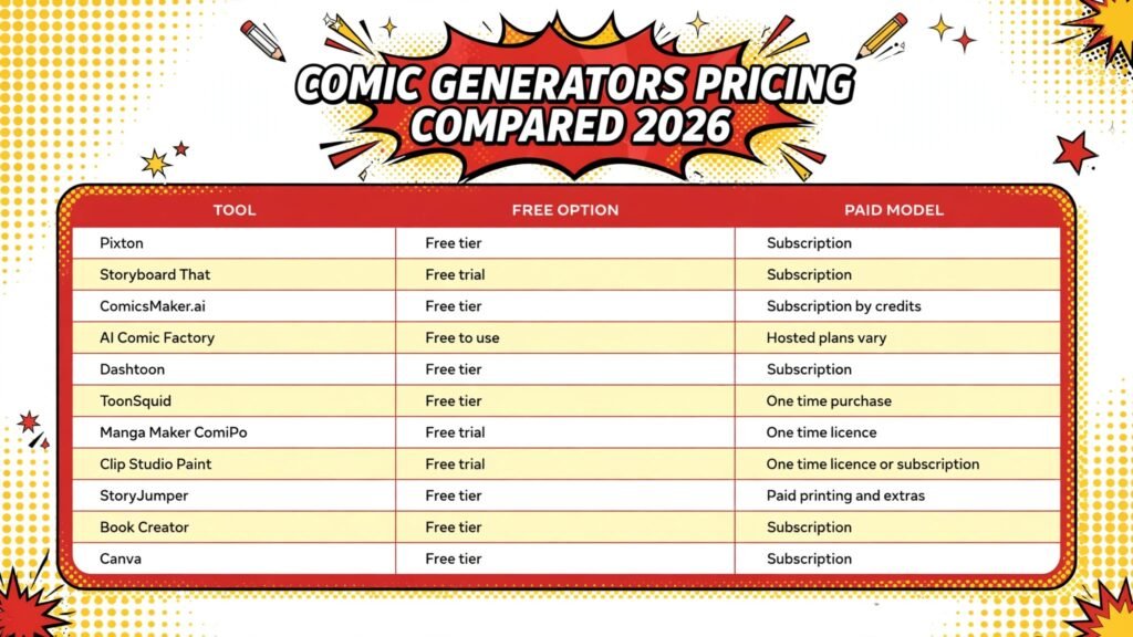 Comic generators pricing compared, free options and paid models for 2026